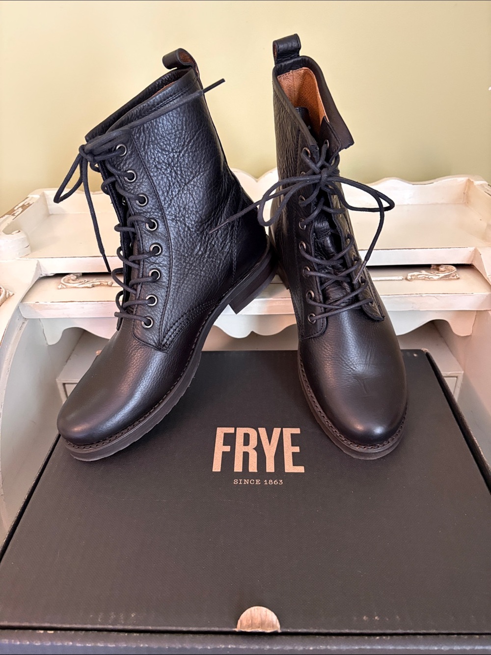 NIB - Frye Veronica Black Leather Combat Boots - Size 8